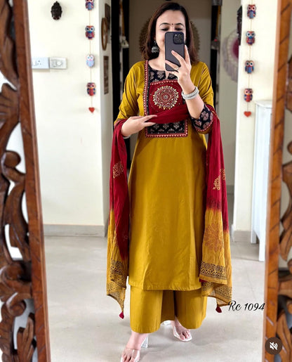 Vibrant Yellow  Embroidered Cotton Kurta Set