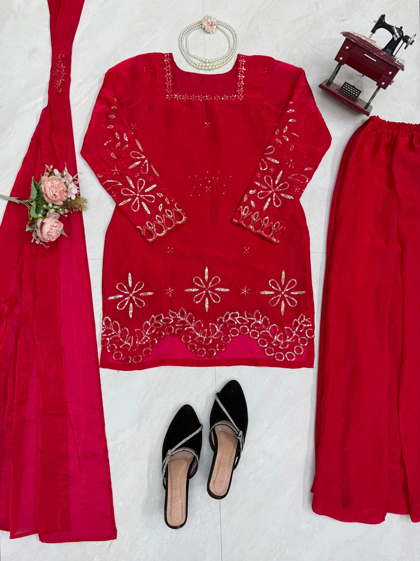 Stunning Red 3-piece Fendy Silk Suit Set