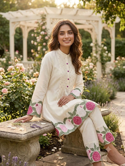 Trendy White Floral Embroidered Co-ord Set