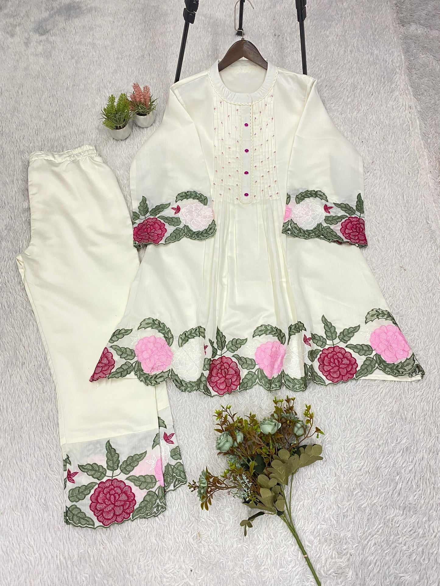 Trendy White Floral Embroidered Co-ord Set