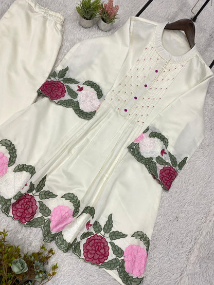 Trendy White Floral Embroidered Co-ord Set