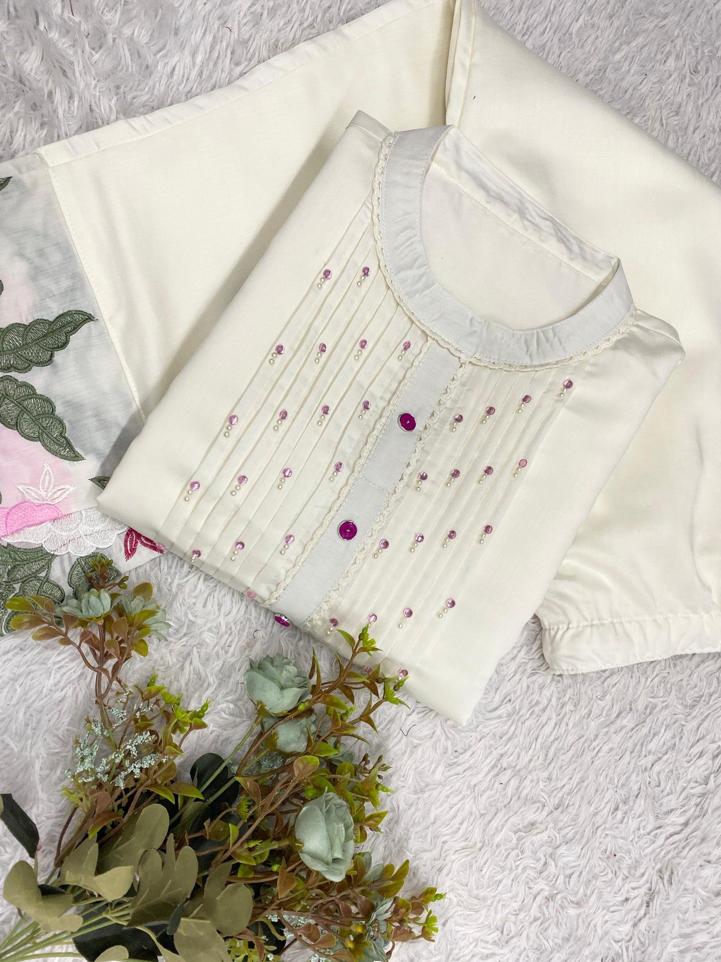 Trendy White Floral Embroidered Co-ord Set