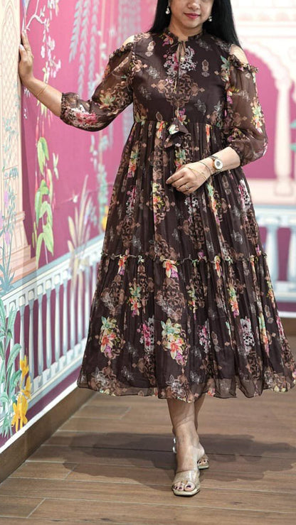 Floral Brown Chiffon Maxi Dress