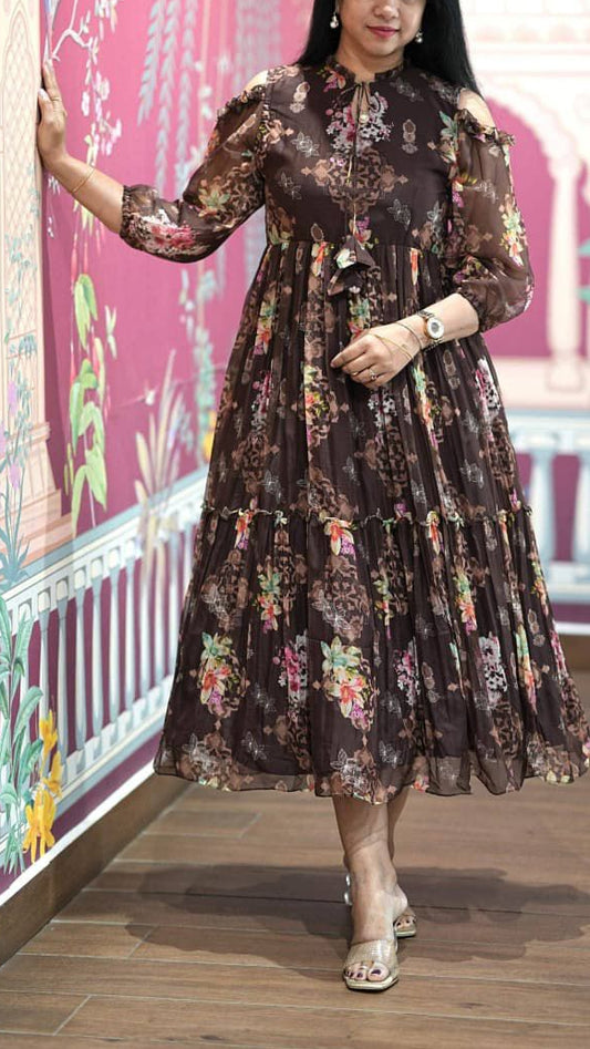 Floral Brown Chiffon Maxi Dress
