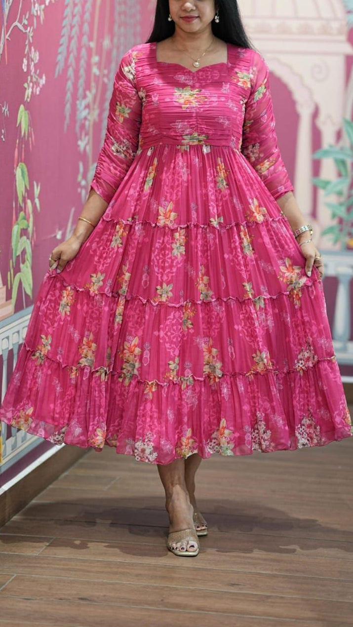 Elegant Pink Floral Chiffon Maxi Dress