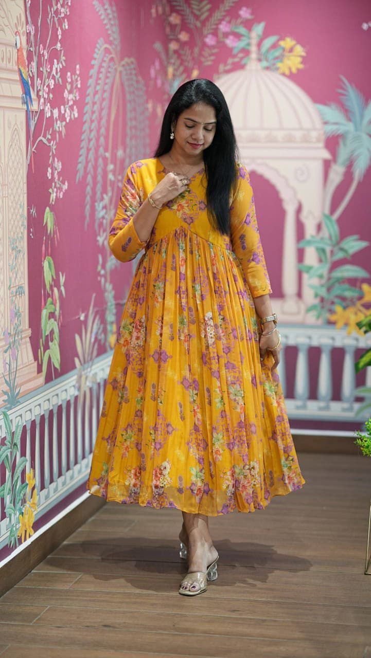 Elegant Yellow Floral Chiffon Maxi Dress