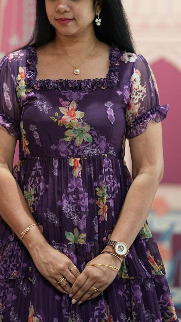 Summer Special Purple Floral Chiffon Maxi Dress