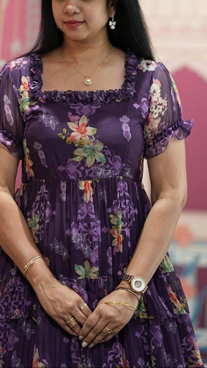 Summer Special Purple Floral Chiffon Maxi Dress