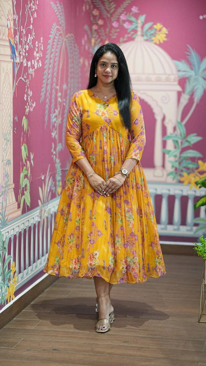 Elegant Yellow Floral Chiffon Maxi Dress