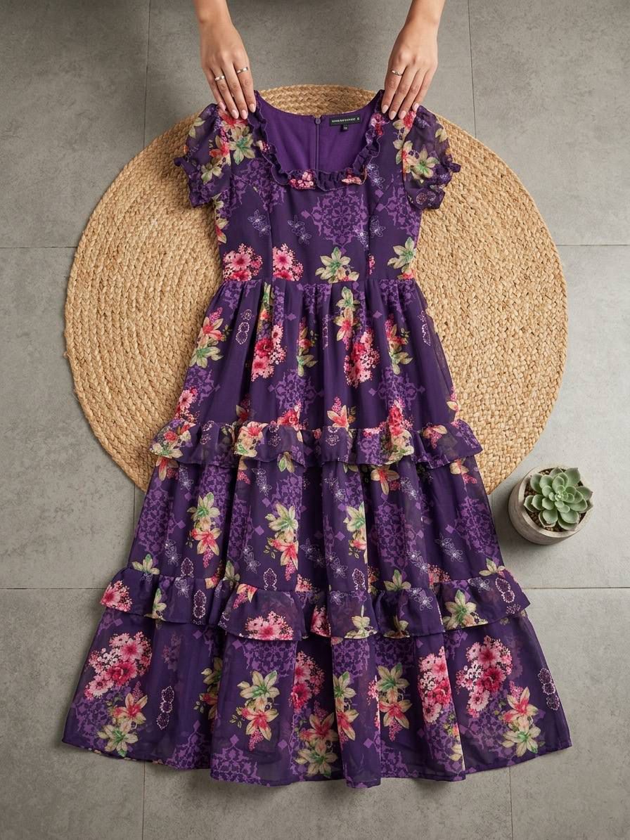 Summer Special Purple Floral Chiffon Maxi Dress