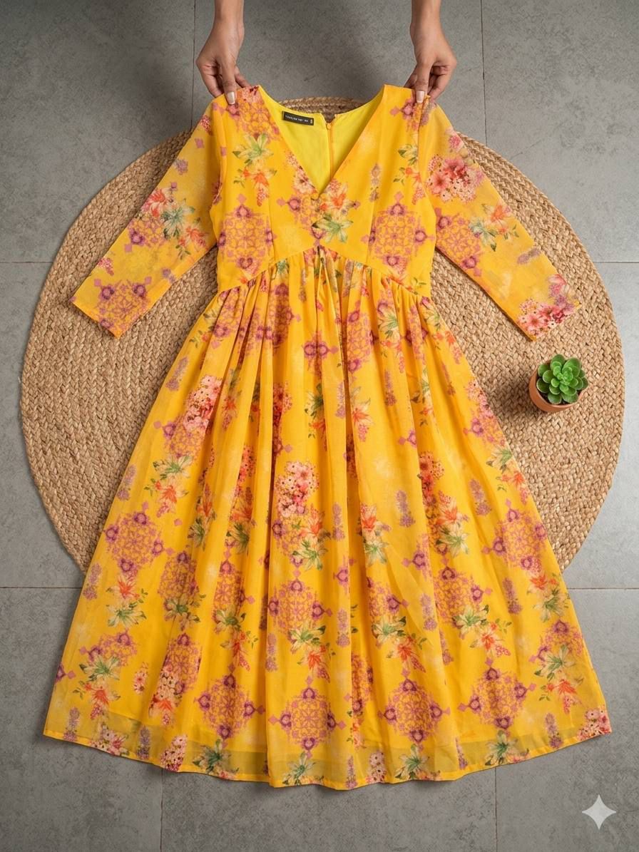 Elegant Yellow Floral Chiffon Maxi Dress