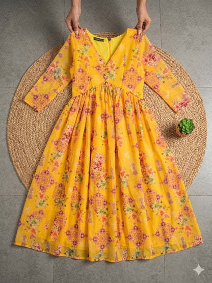 Elegant Yellow Floral Chiffon Maxi Dress