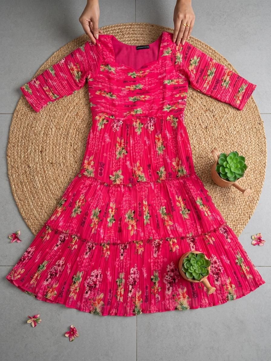 Elegant Pink Floral Chiffon Maxi Dress