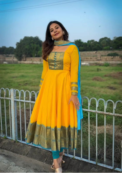 Traditional Yellow Chanderi Cotton Kurta Set