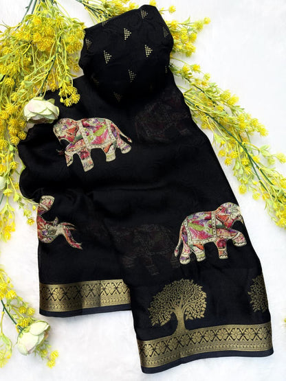 Premium Tussar Silk Floral Elephant Saree