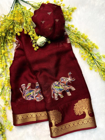 Premium Tussar Silk Floral Elephant Saree