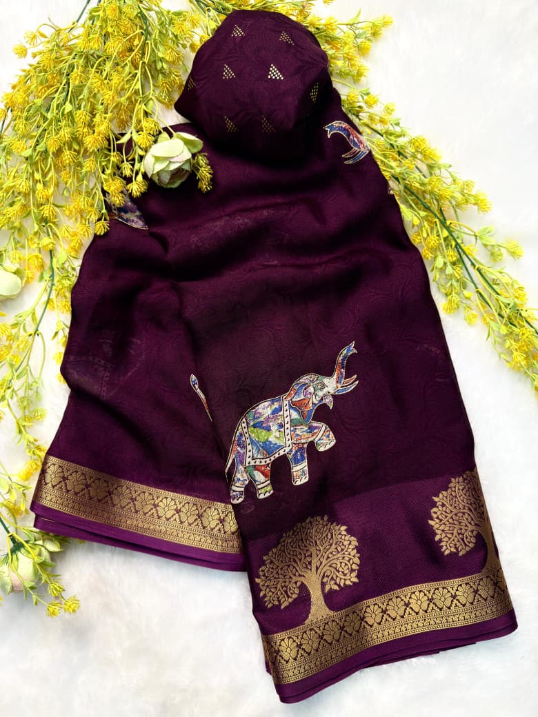 Premium Tussar Silk Floral Elephant Saree