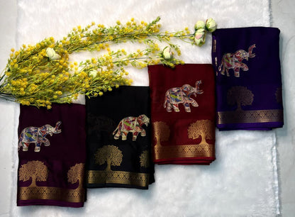 Premium Tussar Silk Floral Elephant Saree