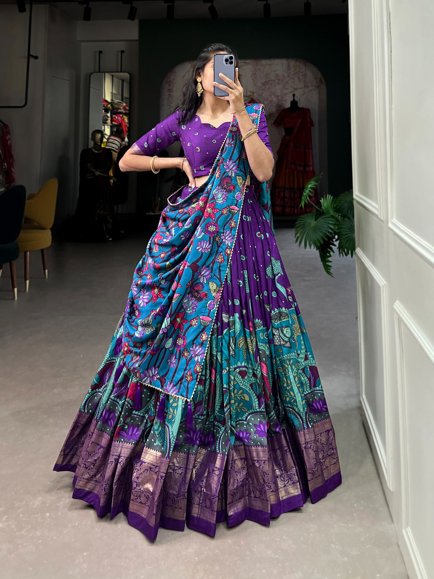 Designer Tasar Silk Kalamkari Print Lehenga Choli