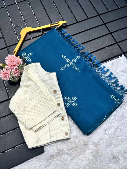 Muslin Cotton Silk Saree With Chikankari Blouse