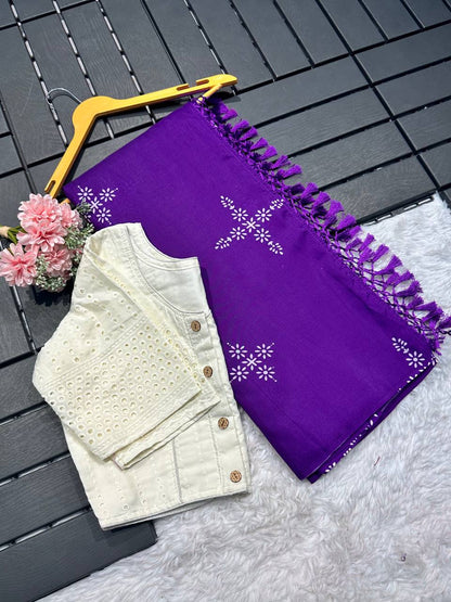 Muslin Cotton Silk Saree With Chikankari Blouse