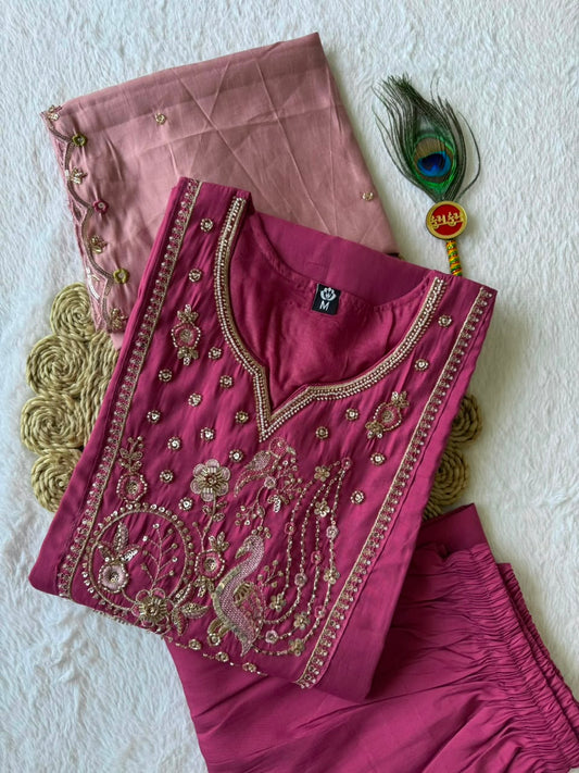 Stylish Embroidered Roman Silk Kurta Set