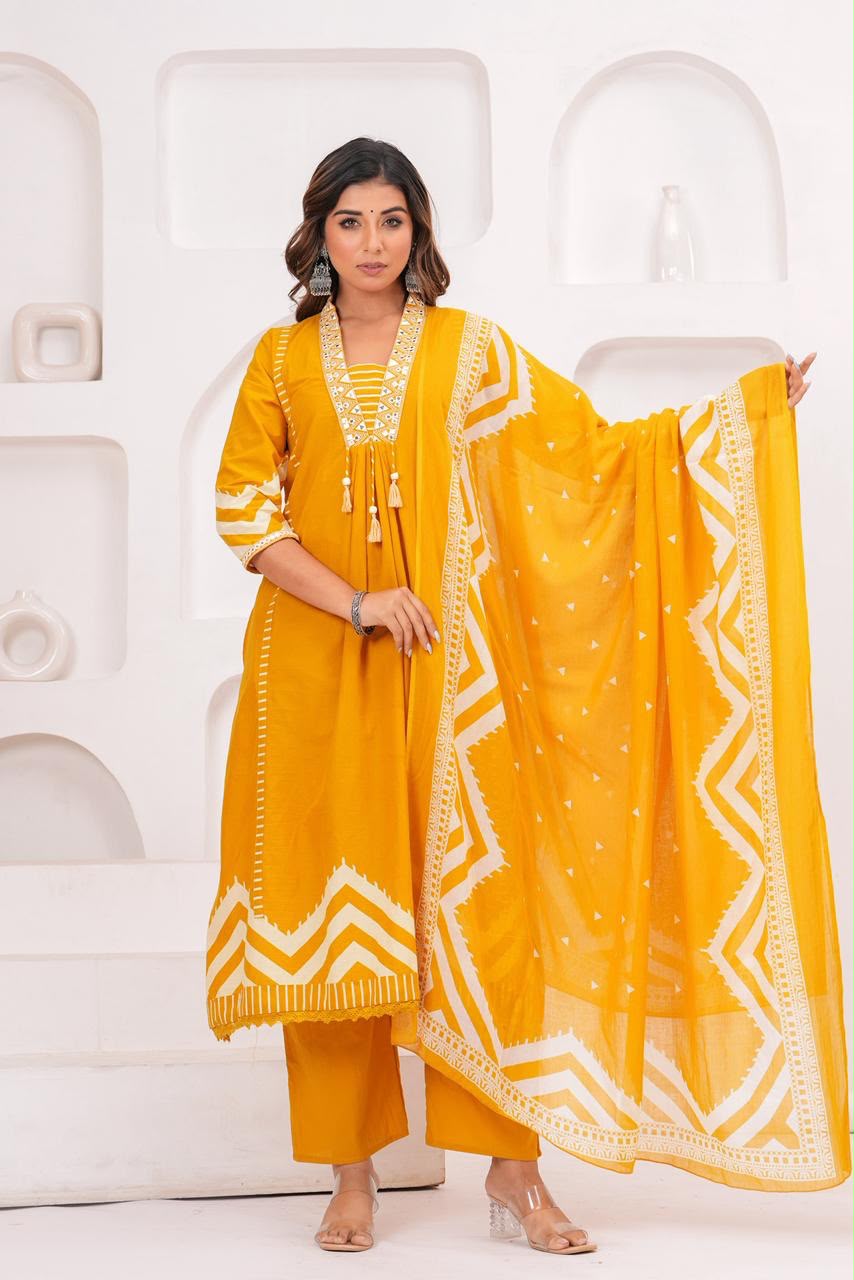 Premium Zig Zag Print A-Line Cotton Kurta Set