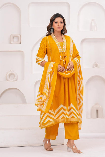 Premium Zig Zag Print A-Line Cotton Kurta Set