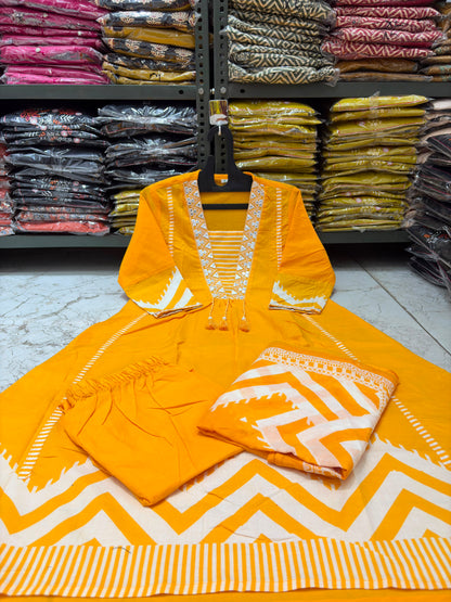 Premium Zig Zag Print A-Line Cotton Kurta Set