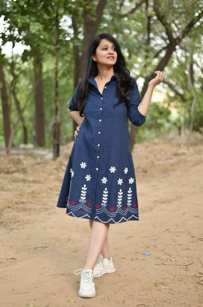 Elegant Blue Cotton A-Line Midi Dress