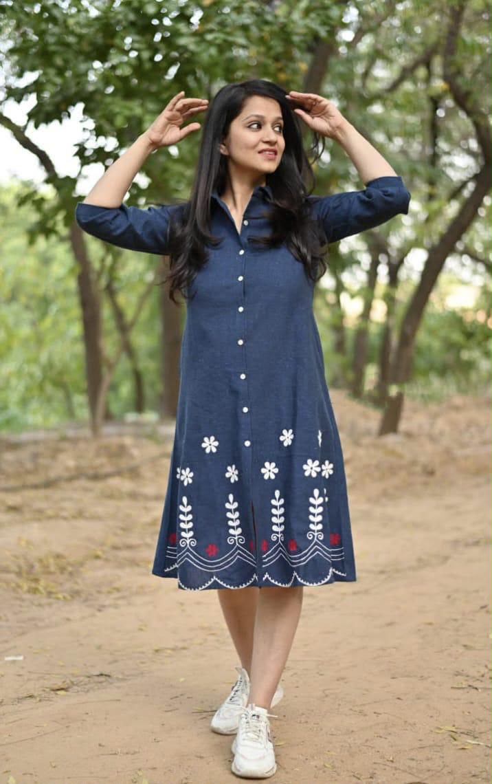 Elegant Blue Cotton A-Line Midi Dress