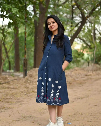 Elegant Blue Cotton A-Line Midi Dress