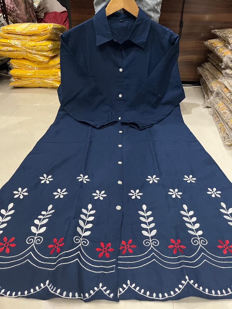 Elegant Blue Cotton A-Line Midi Dress