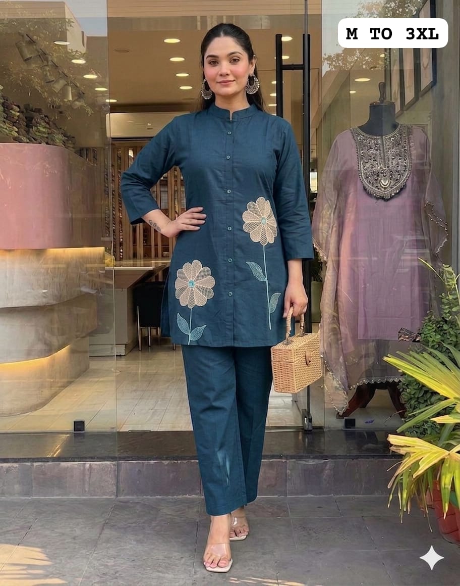 Stylish Floral Embroidered Cotton Co-ord Set