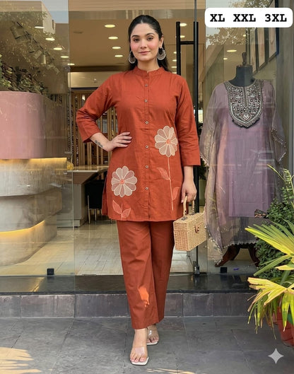 Stylish Floral Embroidered Cotton Co-ord Set