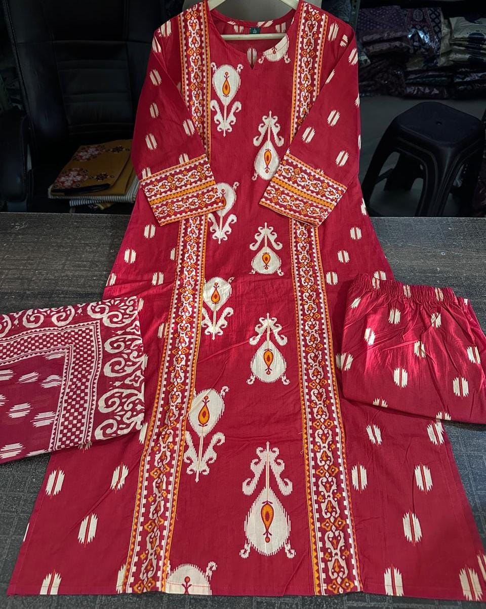 Red Sanganeri Print Anarkali Cotton Kurta Set