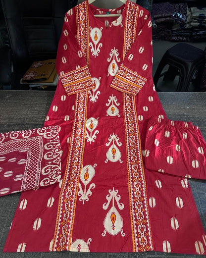 Red Sanganeri Print Anarkali Cotton Kurta Set