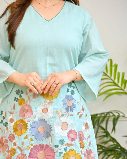 Elegant Embroidered Blue Cotton Co-ord Set