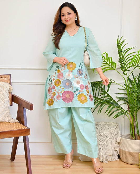 Elegant Embroidered Blue Cotton Co-ord Set
