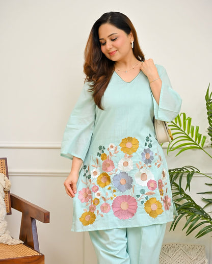 Elegant Embroidered Blue Cotton Co-ord Set