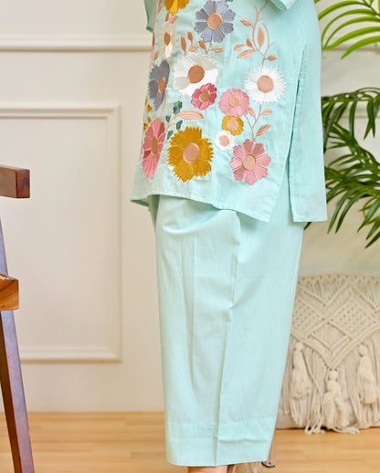 Elegant Embroidered Blue Cotton Co-ord Set
