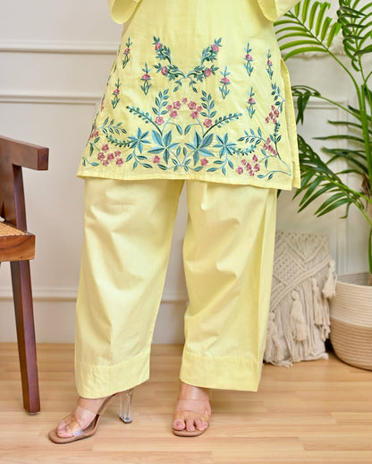Chic Yellow Embroidered Cotton Co-ord Set