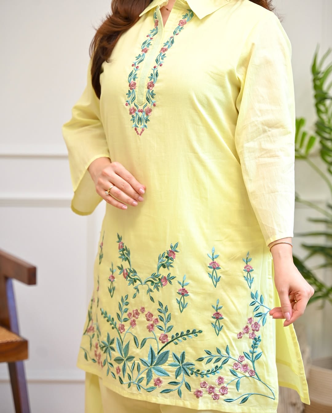 Chic Yellow Embroidered Cotton Co-ord Set