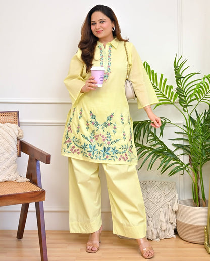 Chic Yellow Embroidered Cotton Co-ord Set