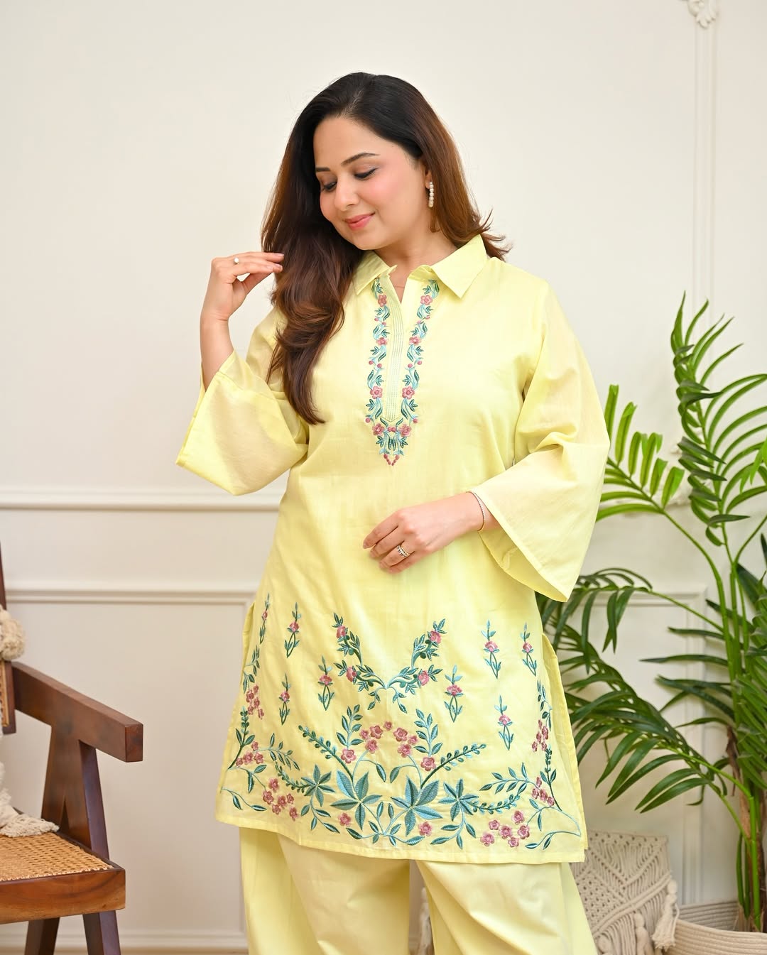 Chic Yellow Embroidered Cotton Co-ord Set