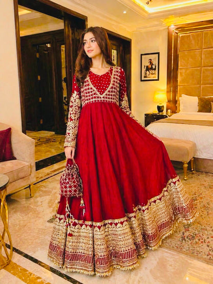 Exclusive Red Designer Gown Set with Embroidered Dupatta