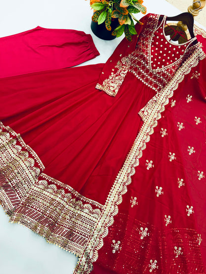 Exclusive Red Designer Gown Set with Embroidered Dupatta