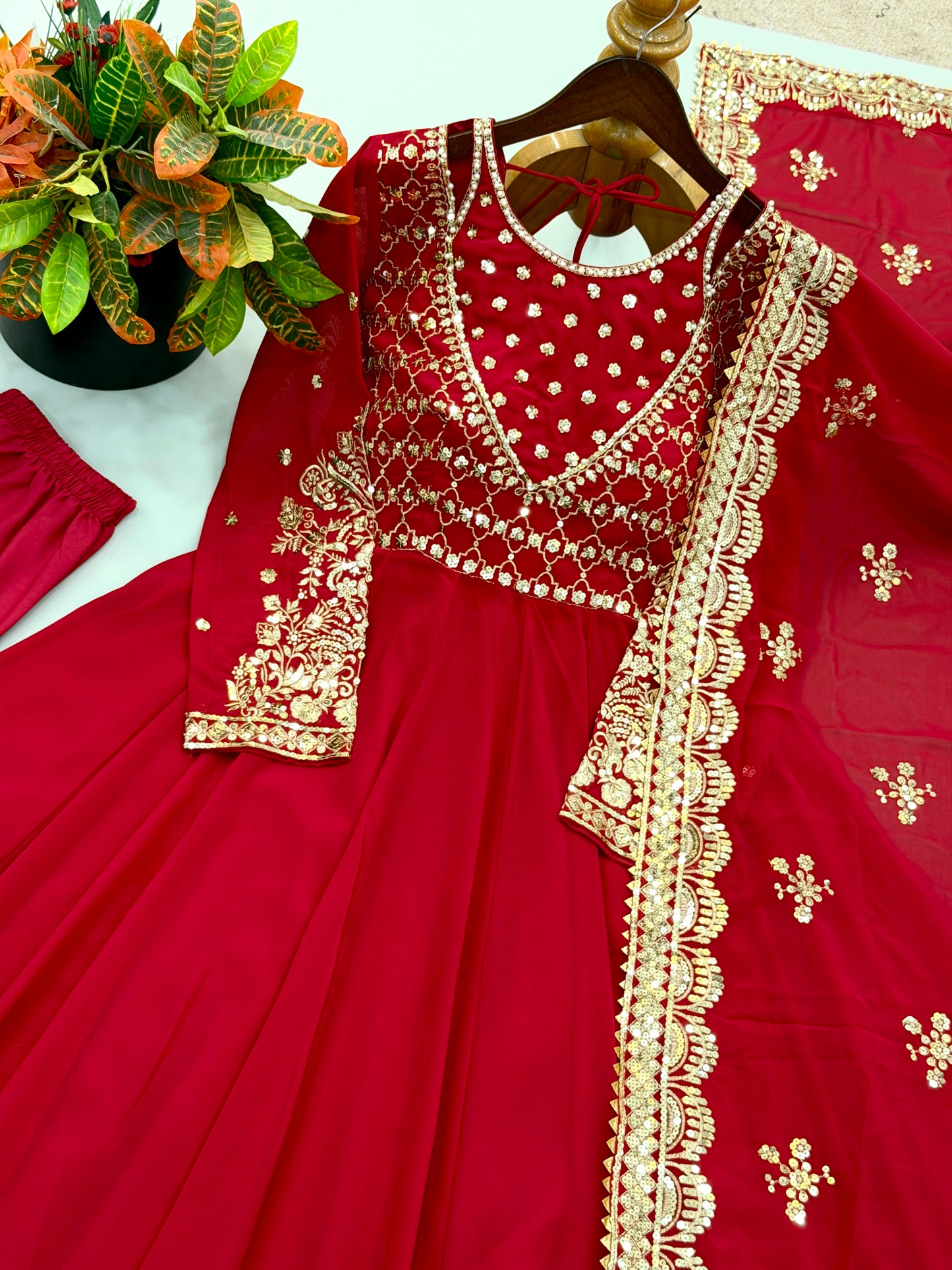 Exclusive Red Designer Gown Set with Embroidered Dupatta
