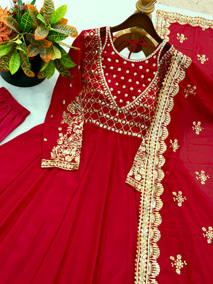Exclusive Red Designer Gown Set with Embroidered Dupatta