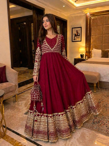 Exclusive Red Designer Gown Set with Embroidered Dupatta